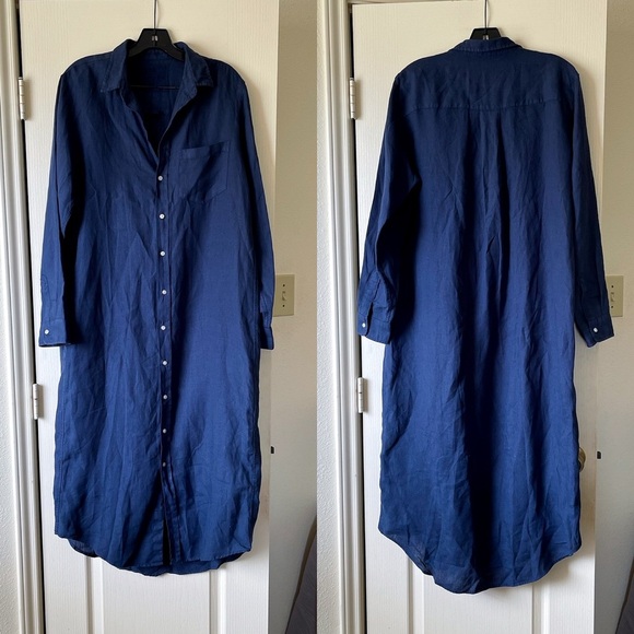 Frank & Eileen Rory Maxi Dress Button-Down Linen Navy Blue Medium EUC - Picture 2 of 8